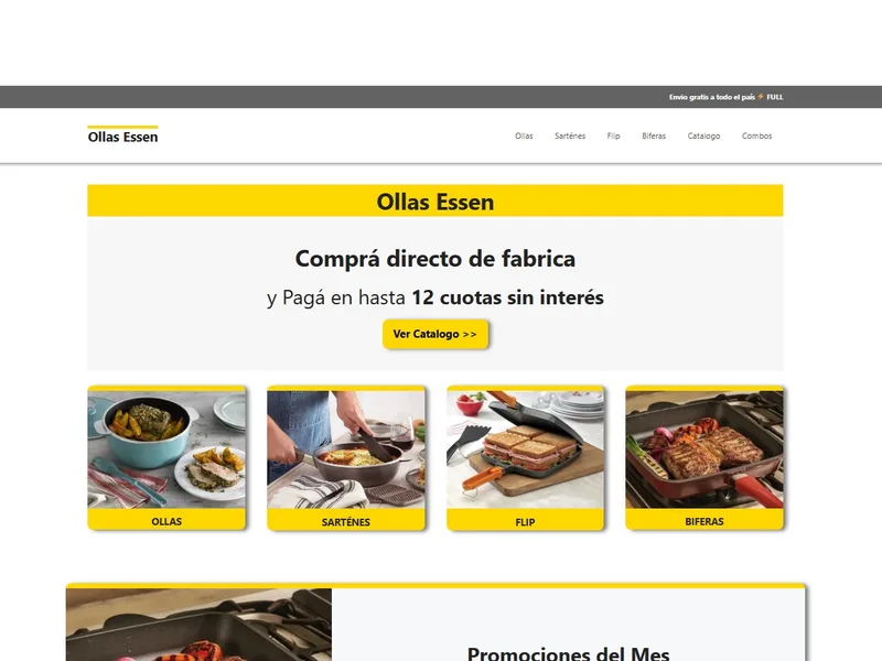 Captura de pantalla del sitio web de Ollas Essen (.net)