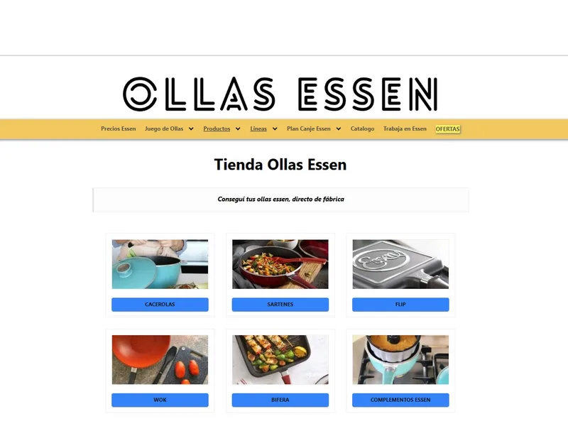 Captura de pantalla del sitio web de Ollas Essen