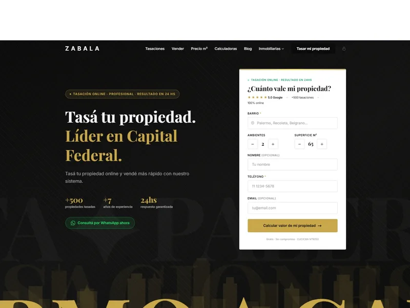 Captura de pantalla del sitio web de Zabala Bienes Raíces